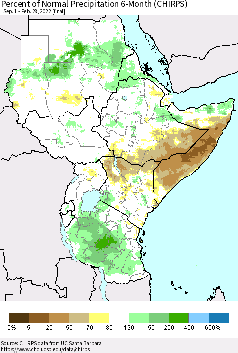 Eastern Africa Percent of Normal Precipitation 6-Month (CHIRPS) Thematic Map For 9/1/2021 - 2/28/2022