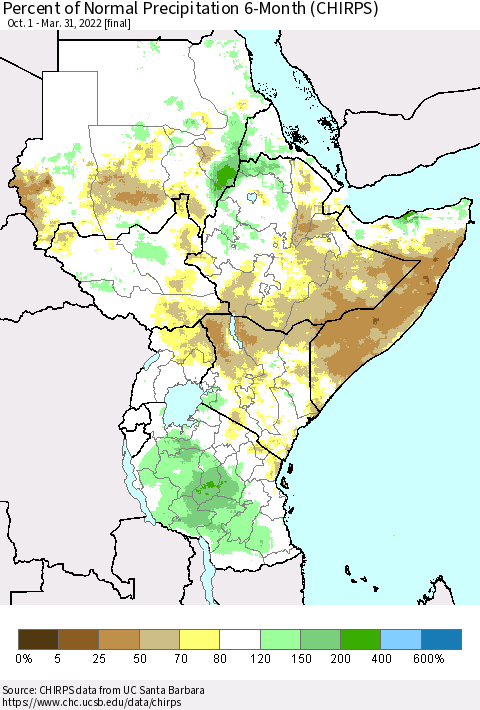 Eastern Africa Percent of Normal Precipitation 6-Month (CHIRPS) Thematic Map For 10/1/2021 - 3/31/2022