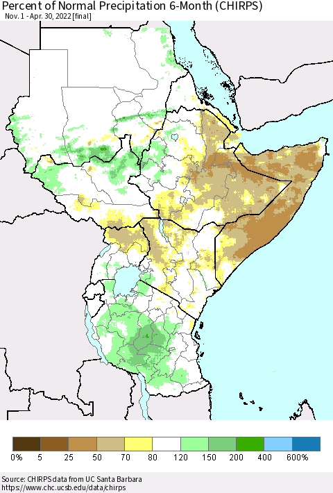 Eastern Africa Percent of Normal Precipitation 6-Month (CHIRPS) Thematic Map For 11/1/2021 - 4/30/2022