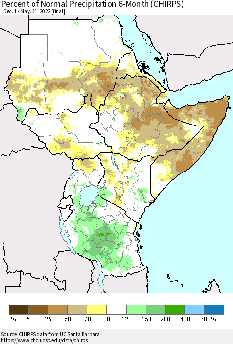 Eastern Africa Percent of Normal Precipitation 6-Month (CHIRPS) Thematic Map For 12/1/2021 - 5/31/2022