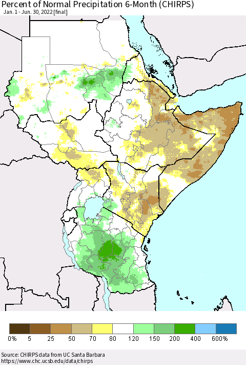 Eastern Africa Percent of Normal Precipitation 6-Month (CHIRPS) Thematic Map For 1/1/2022 - 6/30/2022