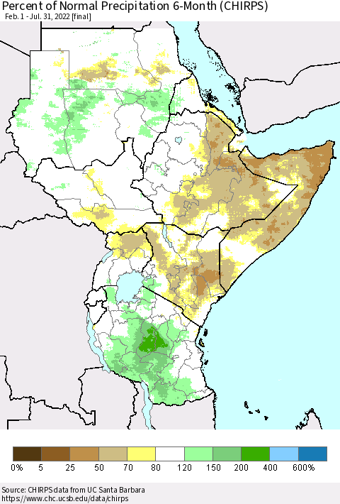 Eastern Africa Percent of Normal Precipitation 6-Month (CHIRPS) Thematic Map For 2/1/2022 - 7/31/2022