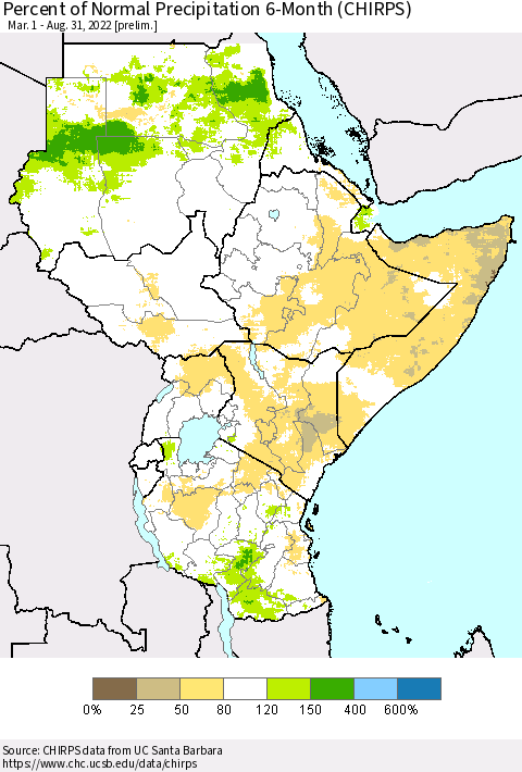 Eastern Africa Percent of Normal Precipitation 6-Month (CHIRPS) Thematic Map For 3/1/2022 - 8/31/2022