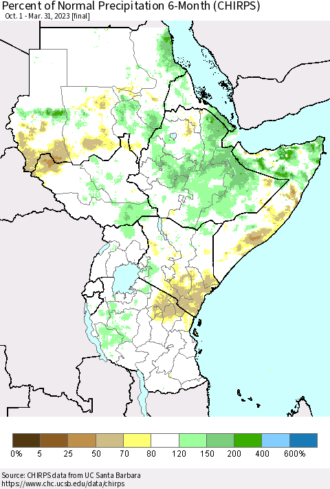 Eastern Africa Percent of Normal Precipitation 6-Month (CHIRPS) Thematic Map For 10/1/2022 - 3/31/2023