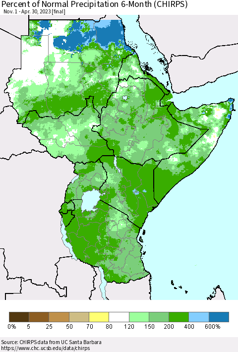 Eastern Africa Percent of Normal Precipitation 6-Month (CHIRPS) Thematic Map For 11/1/2022 - 4/30/2023