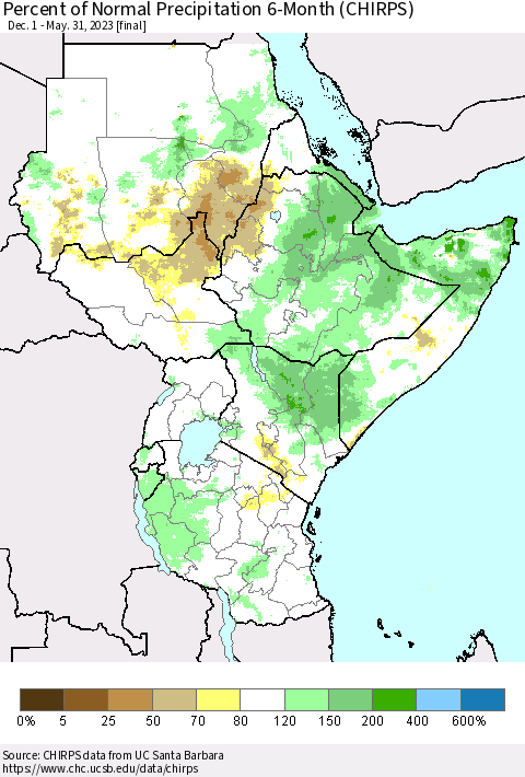 Eastern Africa Percent of Normal Precipitation 6-Month (CHIRPS) Thematic Map For 12/1/2022 - 5/31/2023