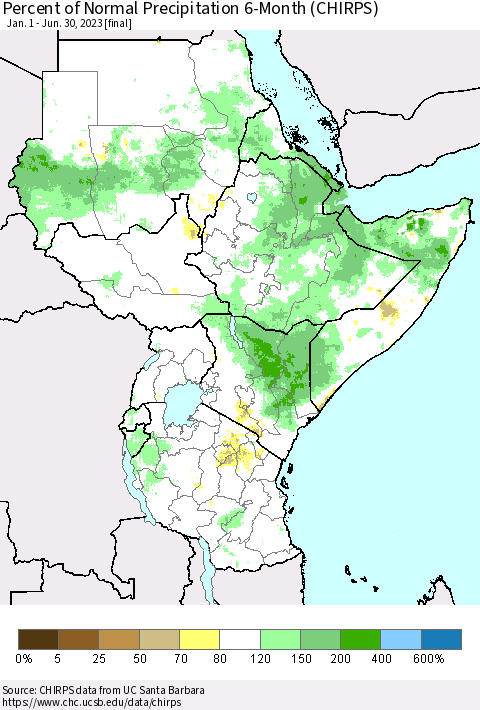 Eastern Africa Percent of Normal Precipitation 6-Month (CHIRPS) Thematic Map For 1/1/2023 - 6/30/2023