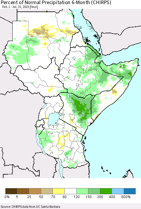 Eastern Africa Percent of Normal Precipitation 6-Month (CHIRPS) Thematic Map For 2/1/2023 - 7/31/2023