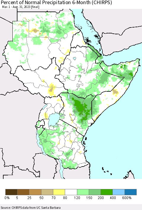 Eastern Africa Percent of Normal Precipitation 6-Month (CHIRPS) Thematic Map For 3/1/2023 - 8/31/2023