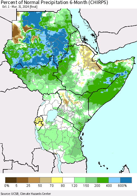 Eastern Africa Percent of Normal Precipitation 6-Month (CHIRPS) Thematic Map For 10/1/2023 - 3/31/2024