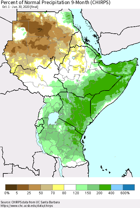 Eastern Africa Percent of Normal Precipitation 9-Month (CHIRPS) Thematic Map For 10/1/2019 - 6/30/2020