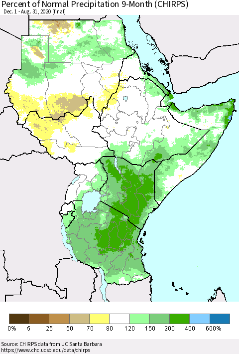 Eastern Africa Percent of Normal Precipitation 9-Month (CHIRPS) Thematic Map For 12/1/2019 - 8/31/2020