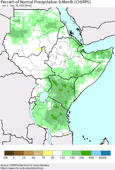 Eastern Africa Percent of Normal Precipitation 9-Month (CHIRPS) Thematic Map For 1/1/2020 - 9/30/2020