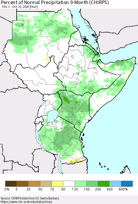 Eastern Africa Percent of Normal Precipitation 9-Month (CHIRPS) Thematic Map For 2/1/2020 - 10/31/2020