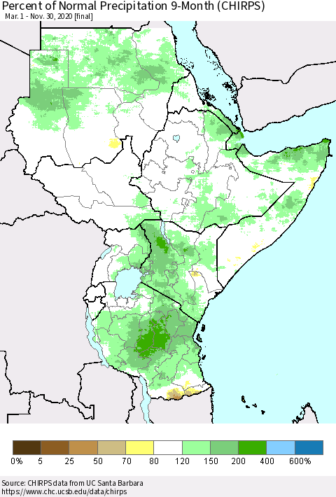 Eastern Africa Percent of Normal Precipitation 9-Month (CHIRPS) Thematic Map For 3/1/2020 - 11/30/2020