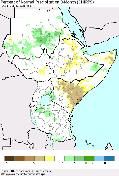 Eastern Africa Percent of Normal Precipitation 9-Month (CHIRPS) Thematic Map For 10/1/2020 - 6/30/2021