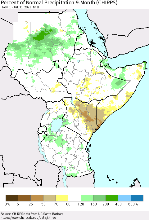 Eastern Africa Percent of Normal Precipitation 9-Month (CHIRPS) Thematic Map For 11/1/2020 - 7/31/2021