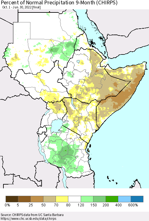 Eastern Africa Percent of Normal Precipitation 9-Month (CHIRPS) Thematic Map For 10/1/2021 - 6/30/2022