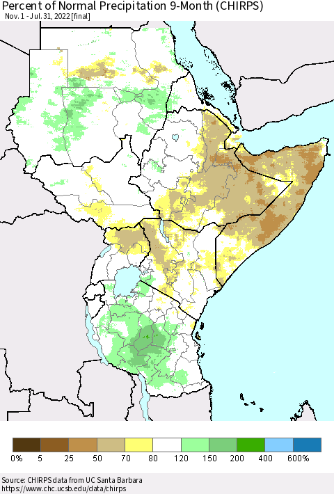 Eastern Africa Percent of Normal Precipitation 9-Month (CHIRPS) Thematic Map For 11/1/2021 - 7/31/2022