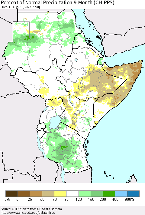Eastern Africa Percent of Normal Precipitation 9-Month (CHIRPS) Thematic Map For 12/1/2021 - 8/31/2022