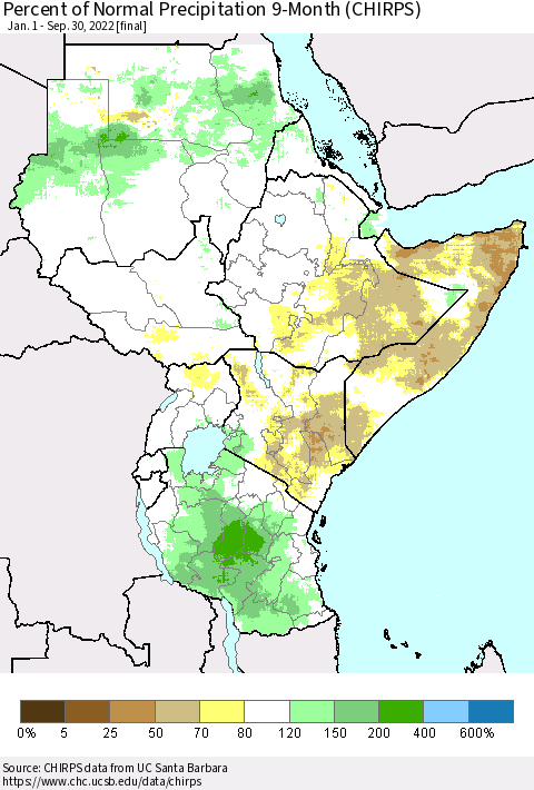 Eastern Africa Percent of Normal Precipitation 9-Month (CHIRPS) Thematic Map For 1/1/2022 - 9/30/2022
