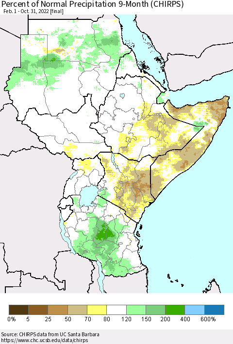 Eastern Africa Percent of Normal Precipitation 9-Month (CHIRPS) Thematic Map For 2/1/2022 - 10/31/2022