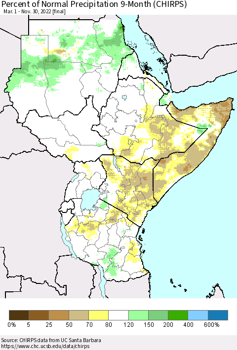 Eastern Africa Percent of Normal Precipitation 9-Month (CHIRPS) Thematic Map For 3/1/2022 - 11/30/2022