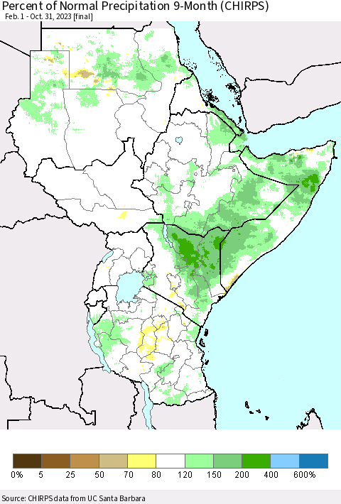 Eastern Africa Percent of Normal Precipitation 9-Month (CHIRPS) Thematic Map For 2/1/2023 - 10/31/2023