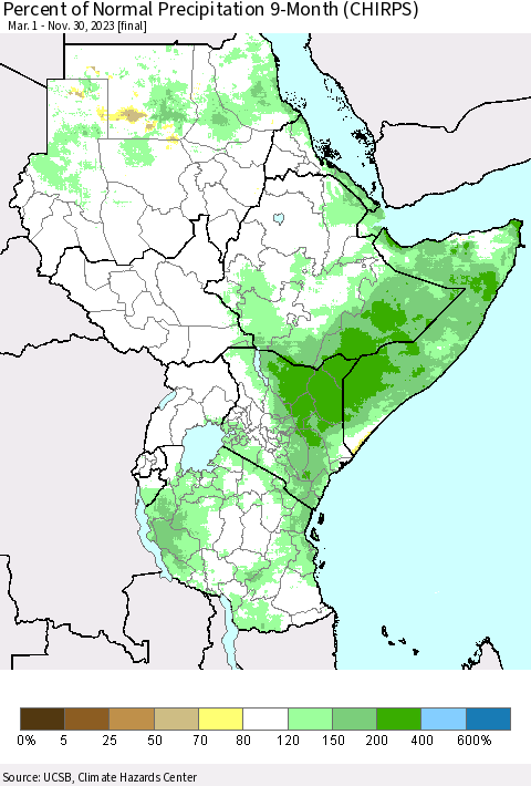 Eastern Africa Percent of Normal Precipitation 9-Month (CHIRPS) Thematic Map For 3/1/2023 - 11/30/2023
