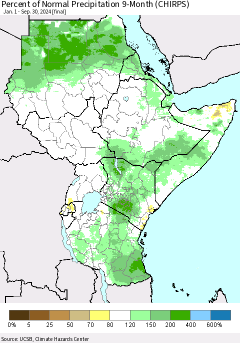 Eastern Africa Percent of Normal Precipitation 9-Month (CHIRPS) Thematic Map For 1/1/2024 - 9/30/2024