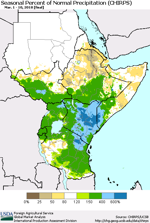 Eastern Africa Seasonal Percent of Normal Precipitation (CHIRPS) Thematic Map For 3/1/2018 - 3/10/2018