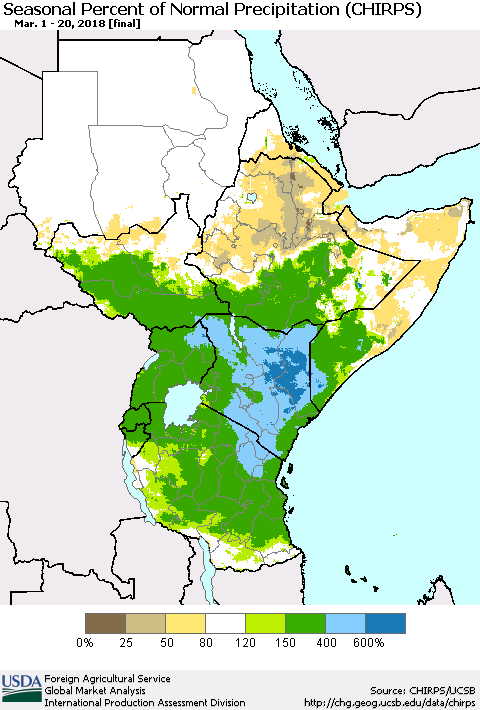 Eastern Africa Seasonal Percent of Normal Precipitation (CHIRPS) Thematic Map For 3/1/2018 - 3/20/2018