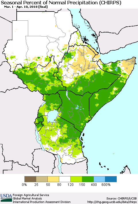 Eastern Africa Seasonal Percent of Normal Precipitation (CHIRPS) Thematic Map For 3/1/2018 - 4/10/2018