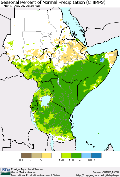 Eastern Africa Seasonal Percent of Normal Precipitation (CHIRPS) Thematic Map For 3/1/2018 - 4/20/2018