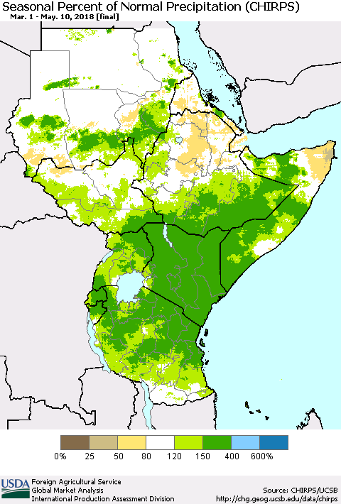 Eastern Africa Seasonal Percent of Normal Precipitation (CHIRPS) Thematic Map For 3/1/2018 - 5/10/2018