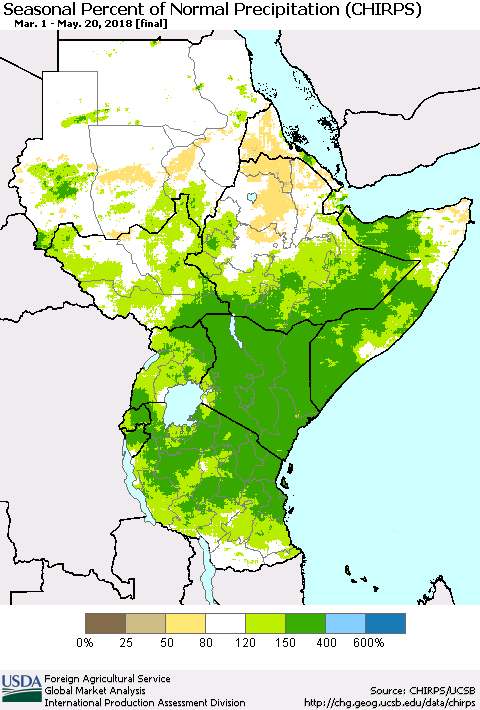 Eastern Africa Seasonal Percent of Normal Precipitation (CHIRPS) Thematic Map For 3/1/2018 - 5/20/2018