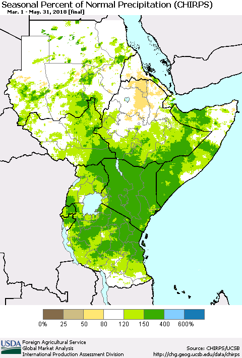 Eastern Africa Seasonal Percent of Normal Precipitation (CHIRPS) Thematic Map For 3/1/2018 - 5/31/2018