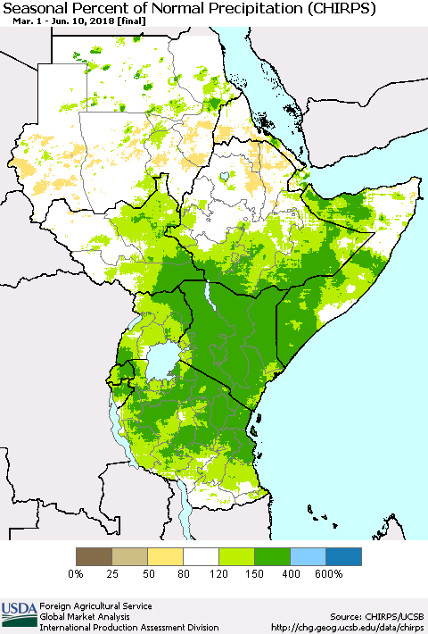Eastern Africa Seasonal Percent of Normal Precipitation (CHIRPS) Thematic Map For 3/1/2018 - 6/10/2018