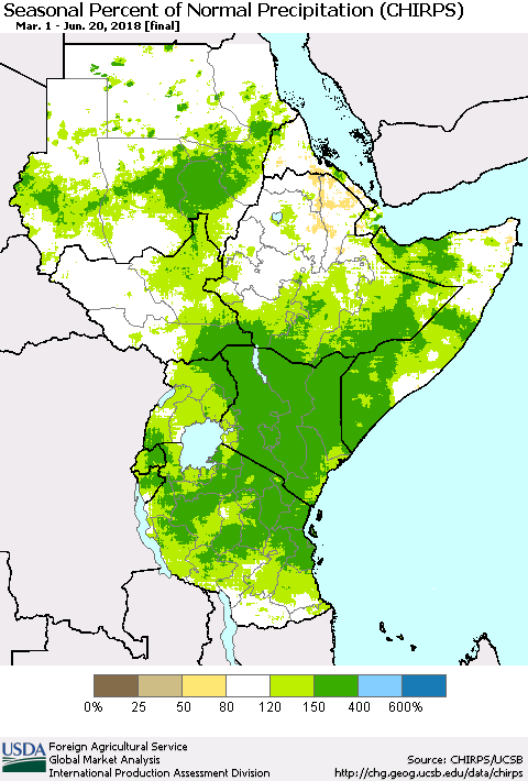 Eastern Africa Seasonal Percent of Normal Precipitation (CHIRPS) Thematic Map For 3/1/2018 - 6/20/2018