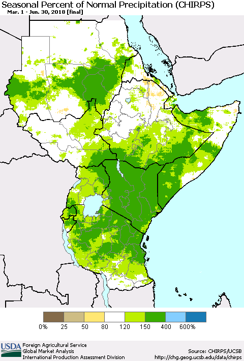 Eastern Africa Seasonal Percent of Normal Precipitation (CHIRPS) Thematic Map For 3/1/2018 - 6/30/2018