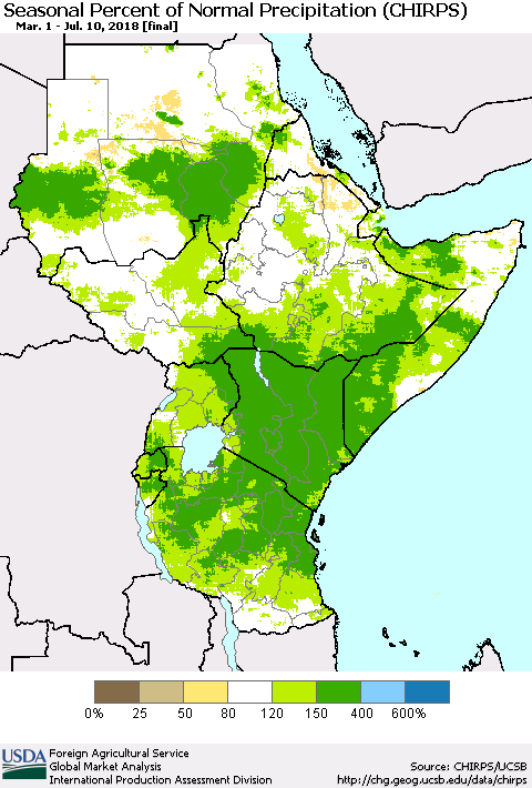 Eastern Africa Seasonal Percent of Normal Precipitation (CHIRPS) Thematic Map For 3/1/2018 - 7/10/2018