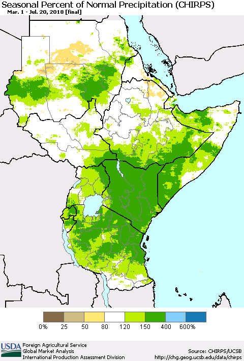 Eastern Africa Seasonal Percent of Normal Precipitation (CHIRPS) Thematic Map For 3/1/2018 - 7/20/2018