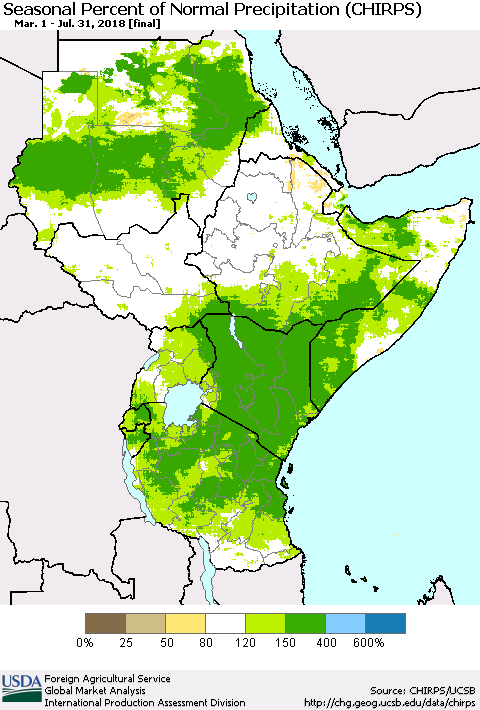 Eastern Africa Seasonal Percent of Normal Precipitation (CHIRPS) Thematic Map For 3/1/2018 - 7/31/2018