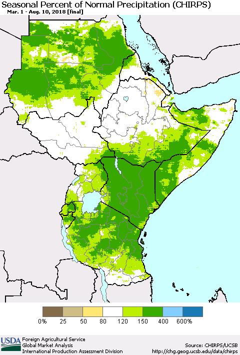 Eastern Africa Seasonal Percent of Normal Precipitation (CHIRPS) Thematic Map For 3/1/2018 - 8/10/2018