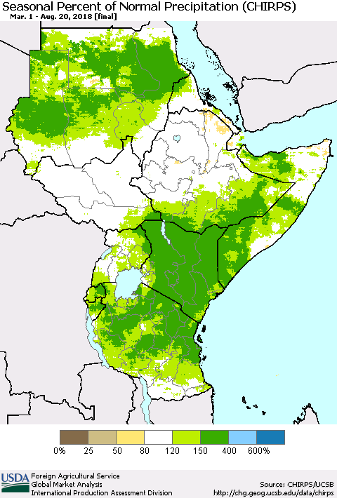 Eastern Africa Seasonal Percent of Normal Precipitation (CHIRPS) Thematic Map For 3/1/2018 - 8/20/2018