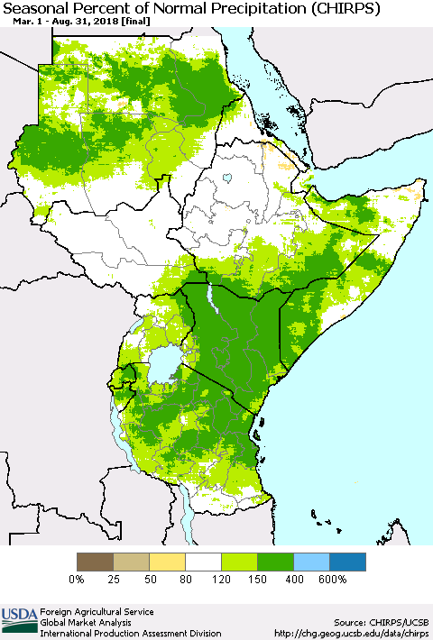 Eastern Africa Seasonal Percent of Normal Precipitation (CHIRPS) Thematic Map For 3/1/2018 - 8/31/2018