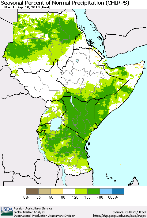 Eastern Africa Seasonal Percent of Normal Precipitation (CHIRPS) Thematic Map For 3/1/2018 - 9/10/2018