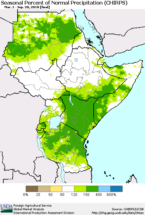 Eastern Africa Seasonal Percent of Normal Precipitation (CHIRPS) Thematic Map For 3/1/2018 - 9/20/2018