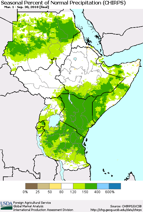 Eastern Africa Seasonal Percent of Normal Precipitation (CHIRPS) Thematic Map For 3/1/2018 - 9/30/2018