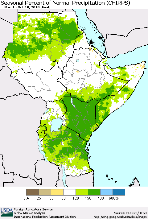Eastern Africa Seasonal Percent of Normal Precipitation (CHIRPS) Thematic Map For 3/1/2018 - 10/10/2018